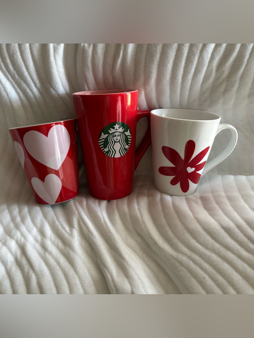Starbucks Red Ceramic Tall Mug, Mug with Heart Motif and White with Flower Motif